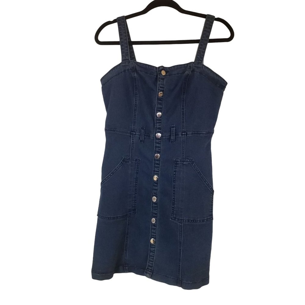 Allegra K denim overall dress size Large adjustable straps snap front